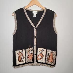 VTG Breckenridge Black Sweater Vest Orange Cats Women L Petite Cat Lady Novelty